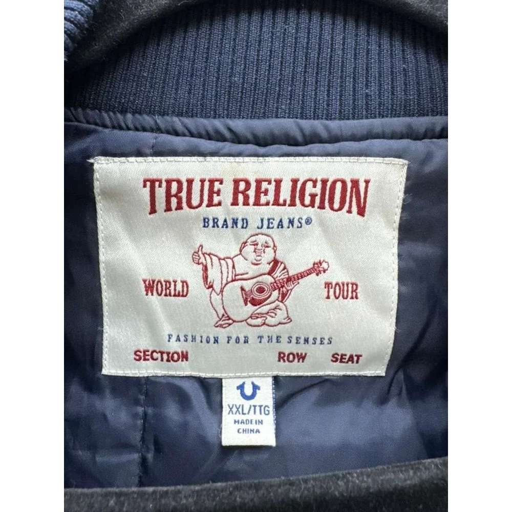 True Religion Jacket Varsity Pinstripe Full Snap Bomber Dress Blue Mens Size XXL